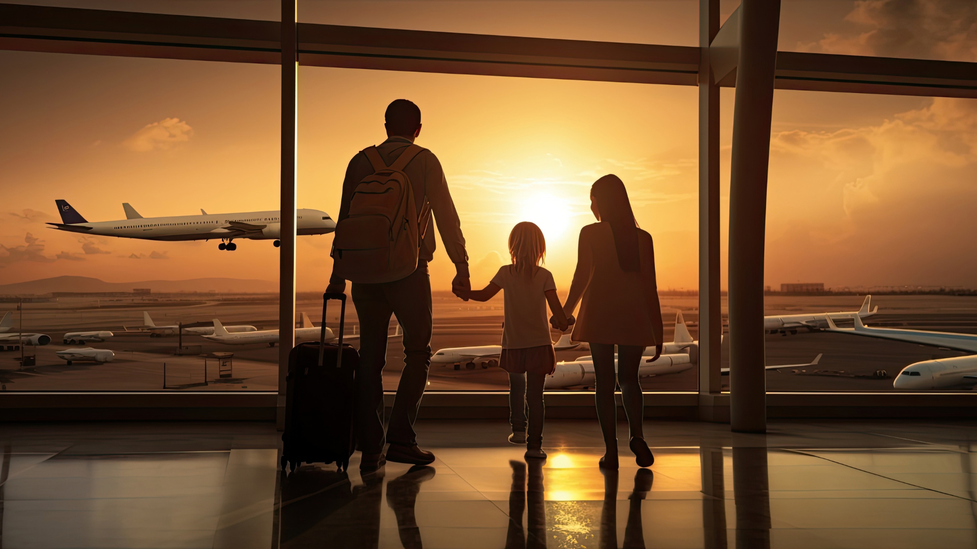 Família observando aviões no aeroporto ao pôr do sol